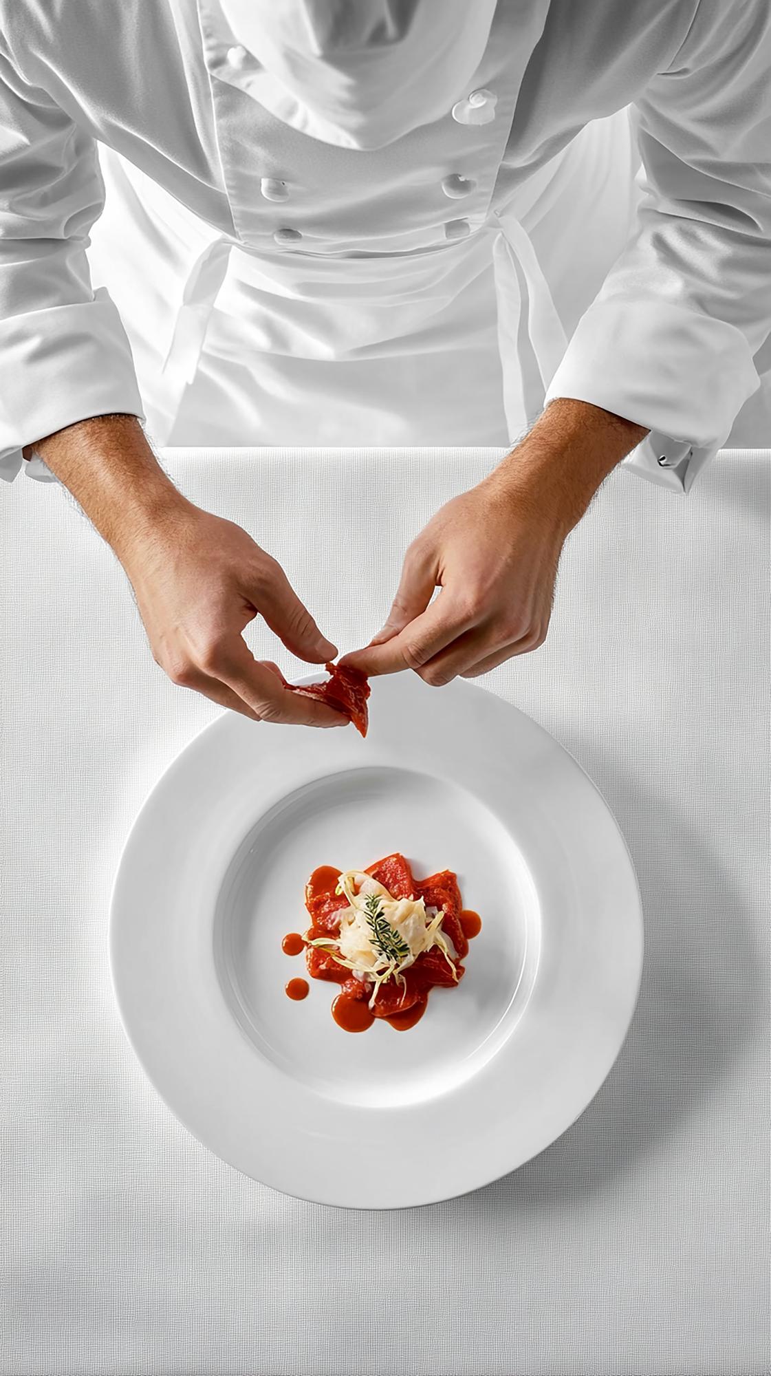 Chef che prepara un piatto raffinato in una cucina elegante